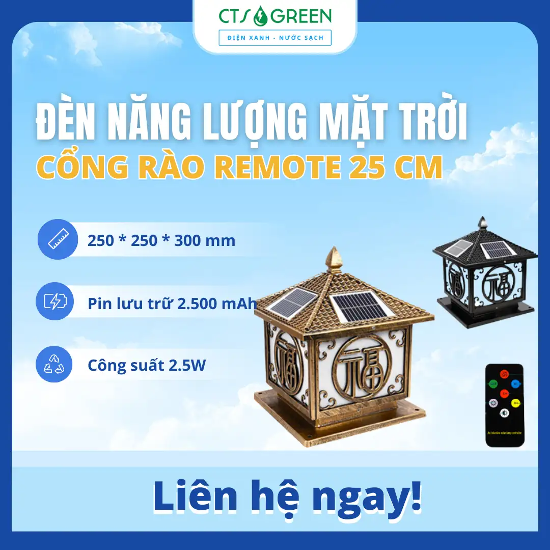 Đèn trụ cổng NLMT dùng remote 25x25 TC12S