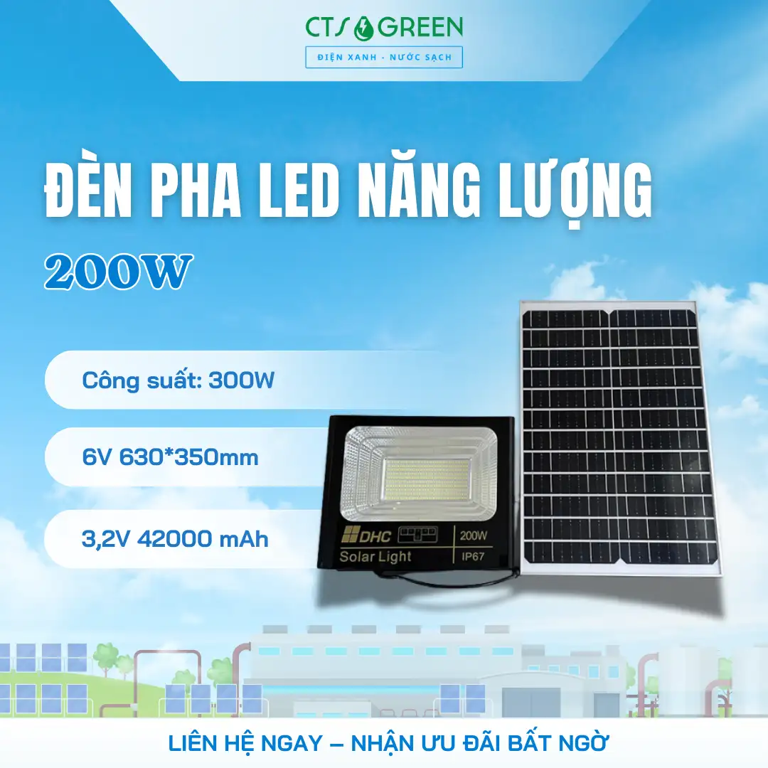 Đèn pha LED năng lượng mặt trời 200W cao cấp