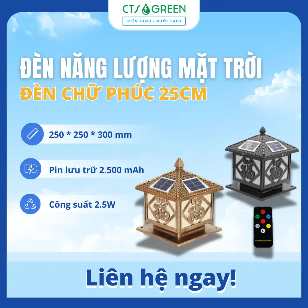 Đèn trụ cổng NLMT chữ phúc TC12S-3 25 cm 3643 Đèn trụ cổng NLMT chữ phúc TC12S-3 25 cm