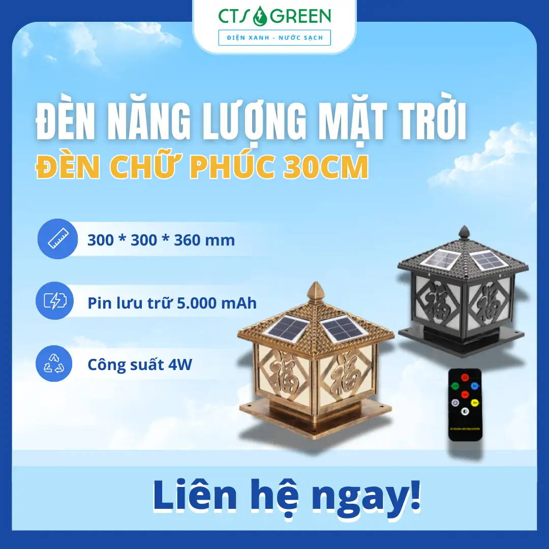 Đèn trụ cổng chữ phúc Năng lượng mặt trời 30cm