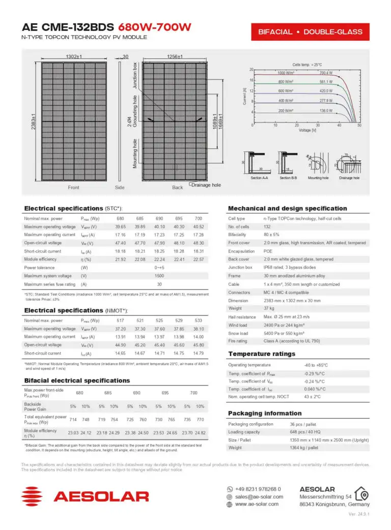 Tấm pin mặt trời AE Solar 700W | Pin AE N-type TOPCon 700W 1749 Datasheet tấm pin mặt trời AE Solar AE CME-132BDS – 700W