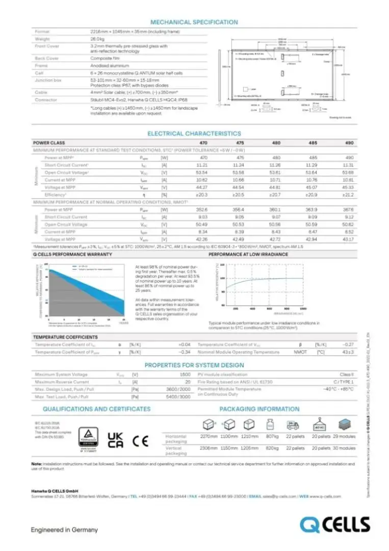 Datasheet tấm pin năng lượng mặt trời Qcell 470W