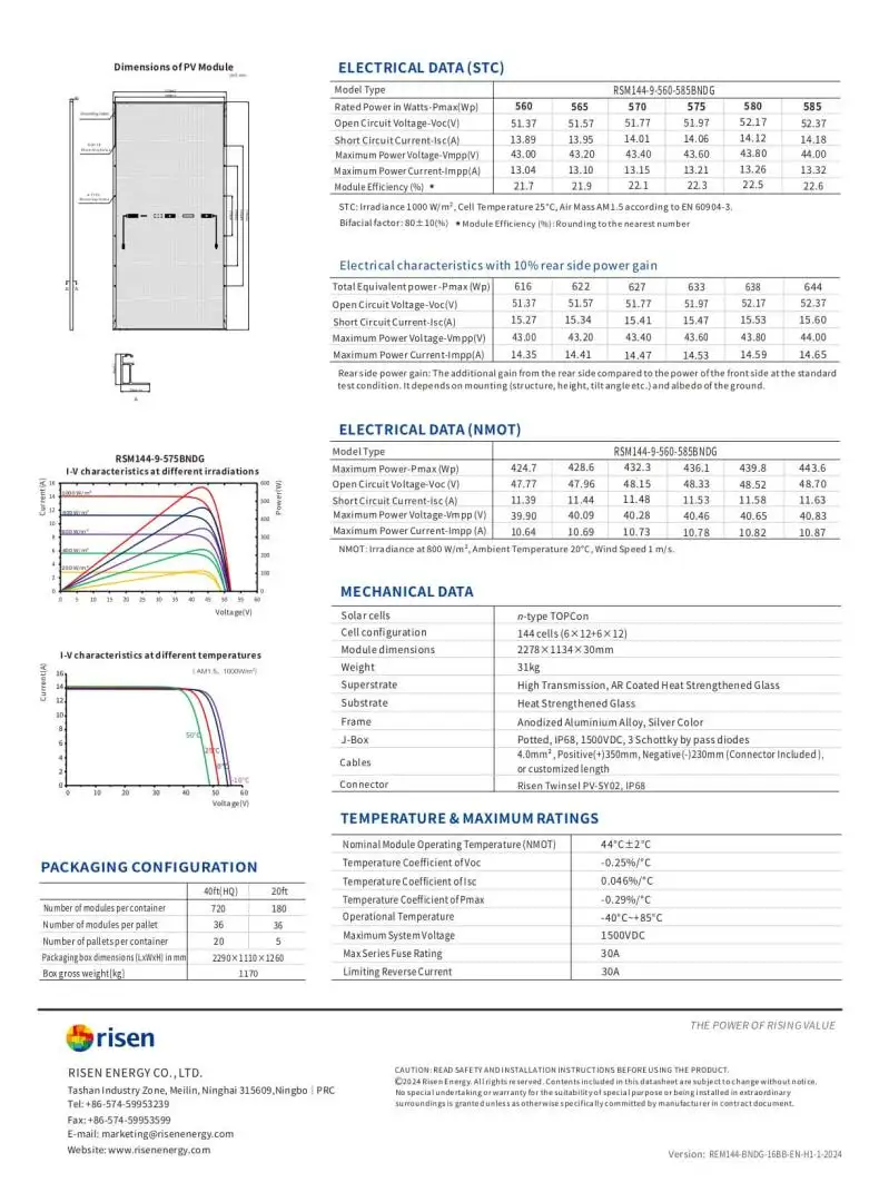 Tấm pin năng lượng mặt trời Risen 585W N-type TOPCon 1730 Datasheet pin mặt trời Risen 585W