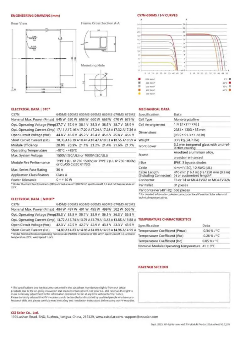 Datasheet pin Canadian Solar Hiku7 645w - 675w CS7N - 645 | 650 | 670MS