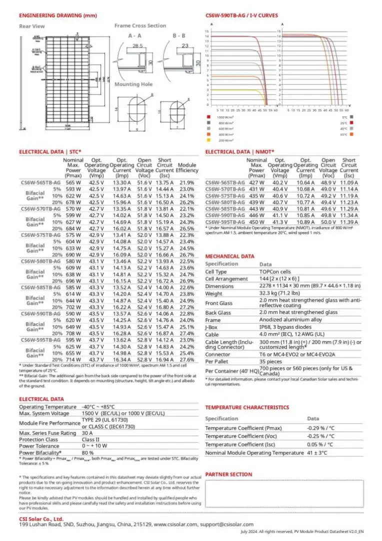 Tấm pin mặt trời Canadian 580W | Pin Canadian N-type 1783 atasheet pin năng lượng mặt trời Canadian Solar CS6W-580TB-AG