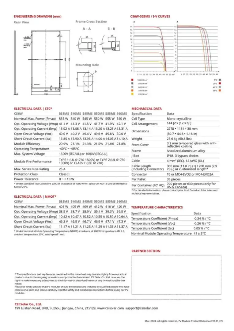 Pin Canadian 555W | Tấm pin mặt trời Canadian Solar 555W 1852 Datasheet pin Canadian Solar 555W CS6W - 555MS