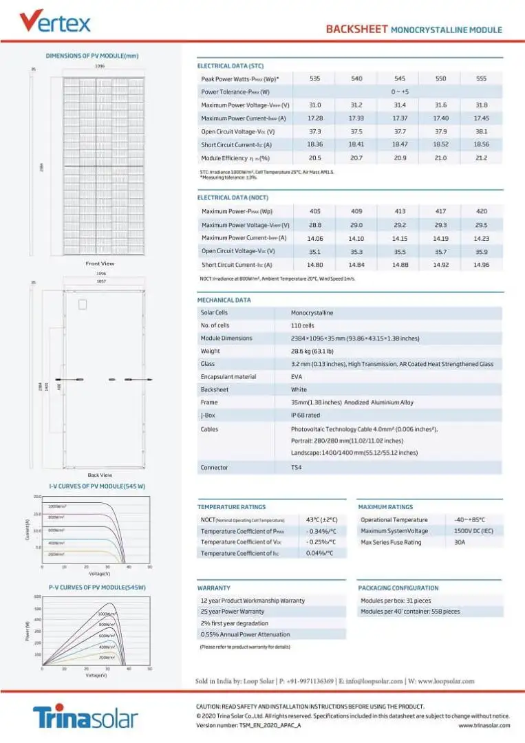 Datasheet pin năng lượng mặt trời Trina Solar 535W, 540W, 550W