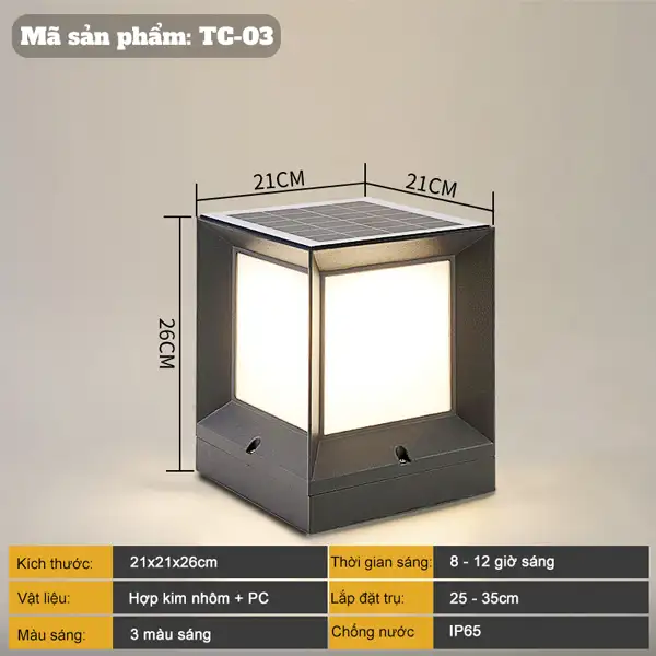 Đèn trụ cổng vuông đơn giản năng lượng mặt trời 