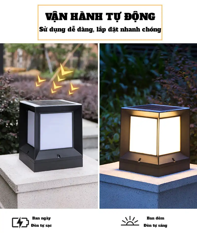 Đèn trụ cổng vuông đơn giản năng lượng mặt trời 