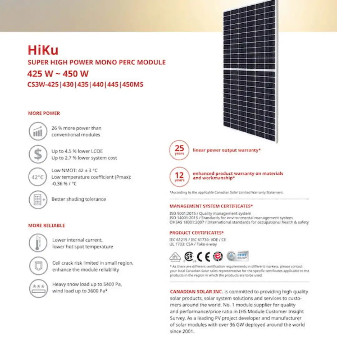 Tấm Pin Canadian 450W (HIKU MONO 450W) 1293 Tấm Pin Canadian 450W (HIKU MONO 450W)