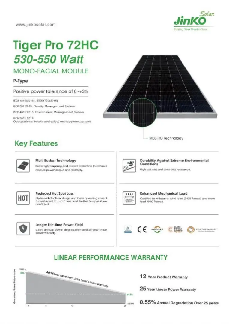 Tấm pin năng lượng mặt trời Jinko Solar Tiger Pro 530W | Pin Jinko 530W-550W 1630 Thông số kĩ thuật pin JinKo 530W