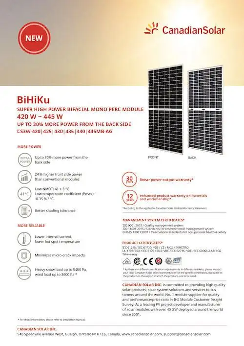 Datasheet Tấm pin Canadian 440Wp