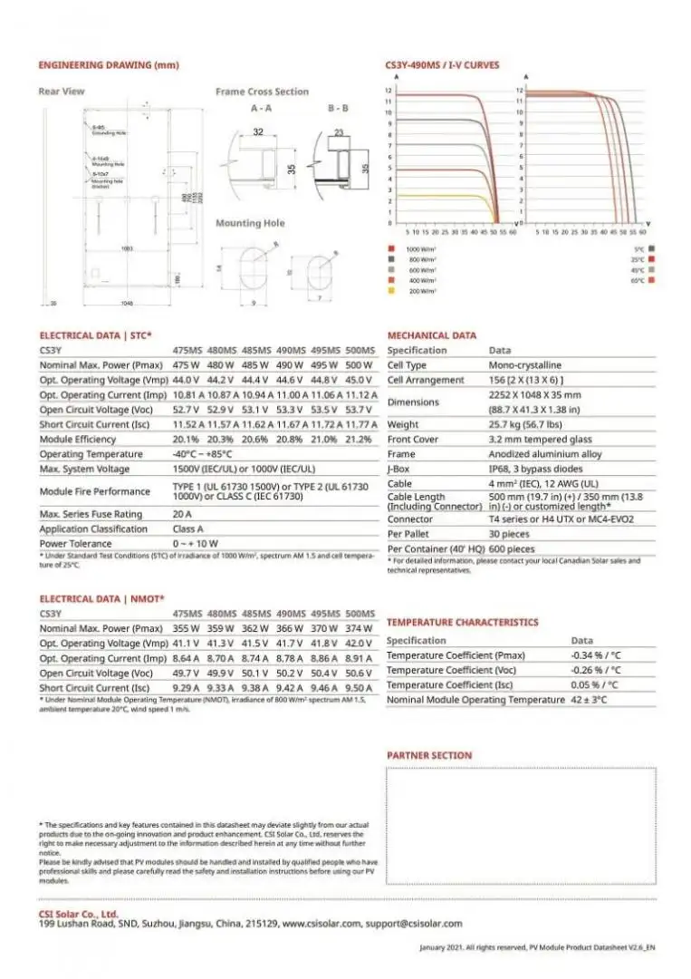 Thông số kỹ thuật tấm pin Canadian solar 485 wp