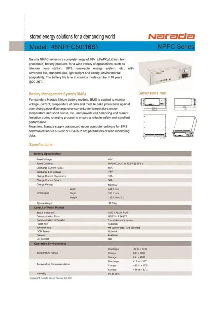Datasheet pin Lithium LiFePo4 Narada 48V 50A