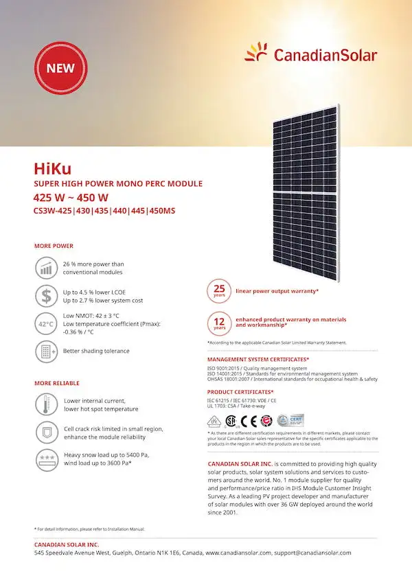 Tấm Pin Canadian 450W (HIKU MONO 450W) 1293 Thông số kỹ thuật của Tấm Pin Canadian 450W (HIKU MONO 450W)