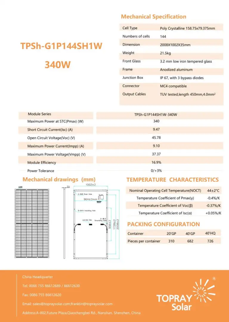Pin Topray 340W | Pin năng lượng mặt trời Topray 1964 Datasheet tấm pin mặt trời Topray