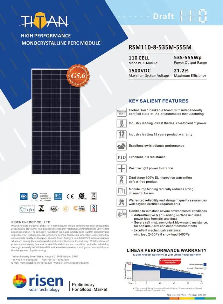 Datasheet Risen RSM110-8-535M-555M