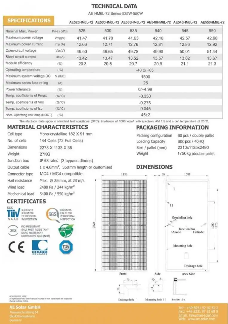 Tấm pin năng lượng măt trời AE Solar 525 Wp 2018 Thông tin kỹ thuật chi tiết tấm pin AE Solar 525 Wp