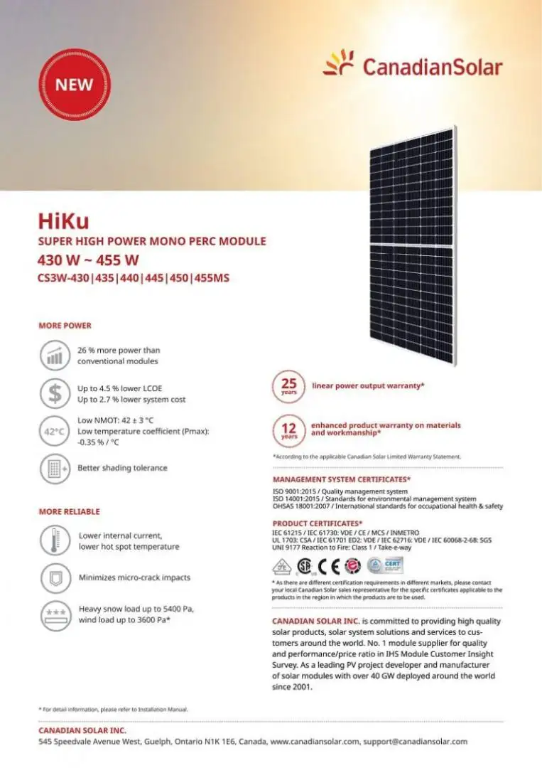 Tấm pin Canadian Solar 455W 1476 Thông tin kỹ thuật Canadian 455W