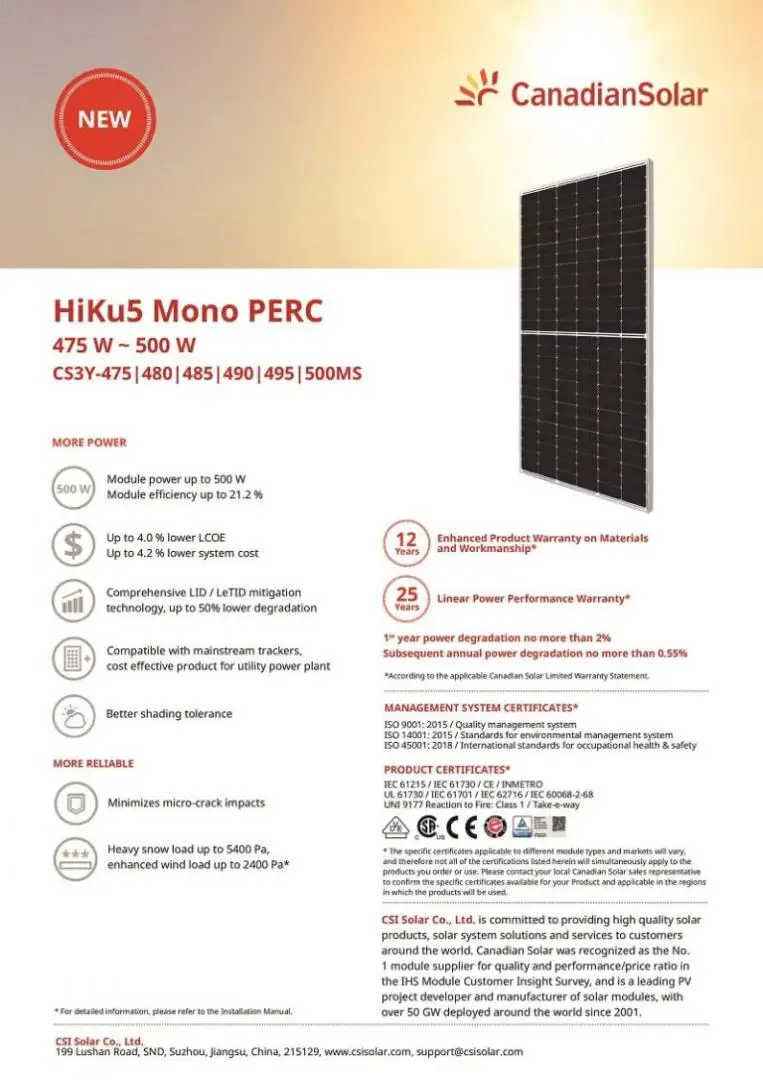 Thông số kỹ thuật tấm pin Canadian solar 485 wp