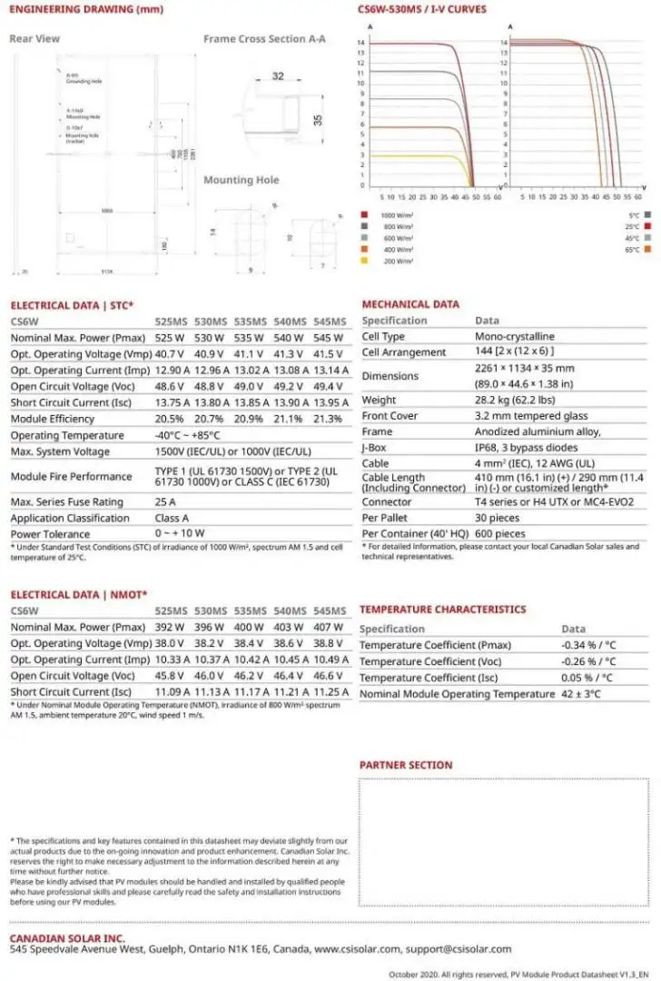 Tấm pin Canadian Solar 535 Wp I Tấm pin năng lượng Canadian Solar 1995 Datasheet tấm pin canadian 525W-545W ( CS6W-525 I 530 I 535 I 540 I 545MS)