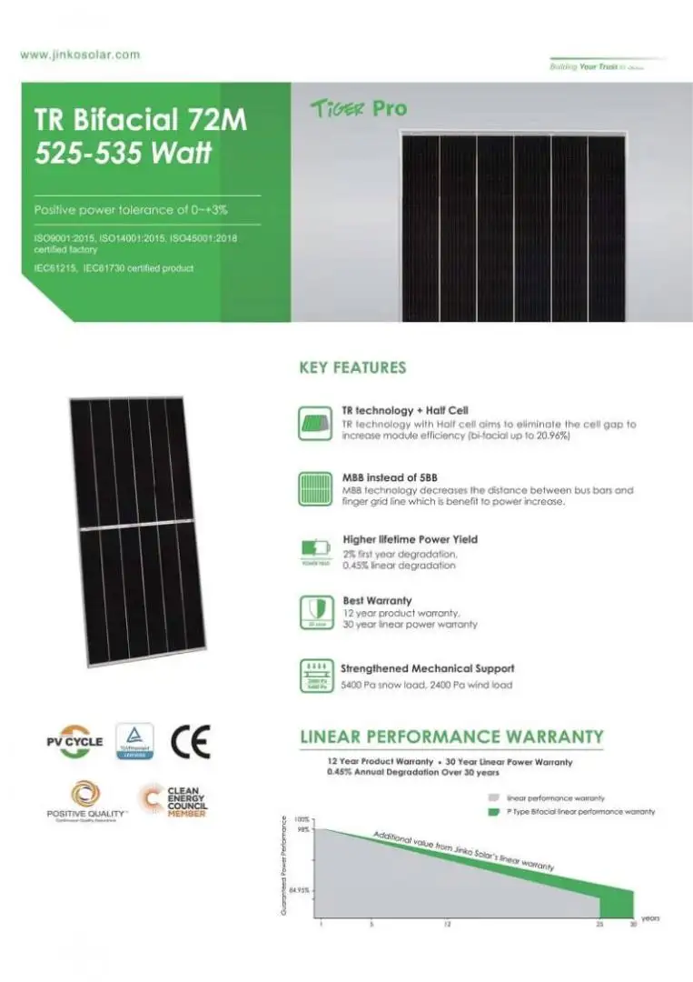 Tấm pin năng lượng mặt trời Jinko Solar 525W Mono (Tiger Pro 72HC) 1506 Datasheet Tấm pin năng lượng mặt trời Jinko Solar 525W Mono (Tiger Pro 72HC)
