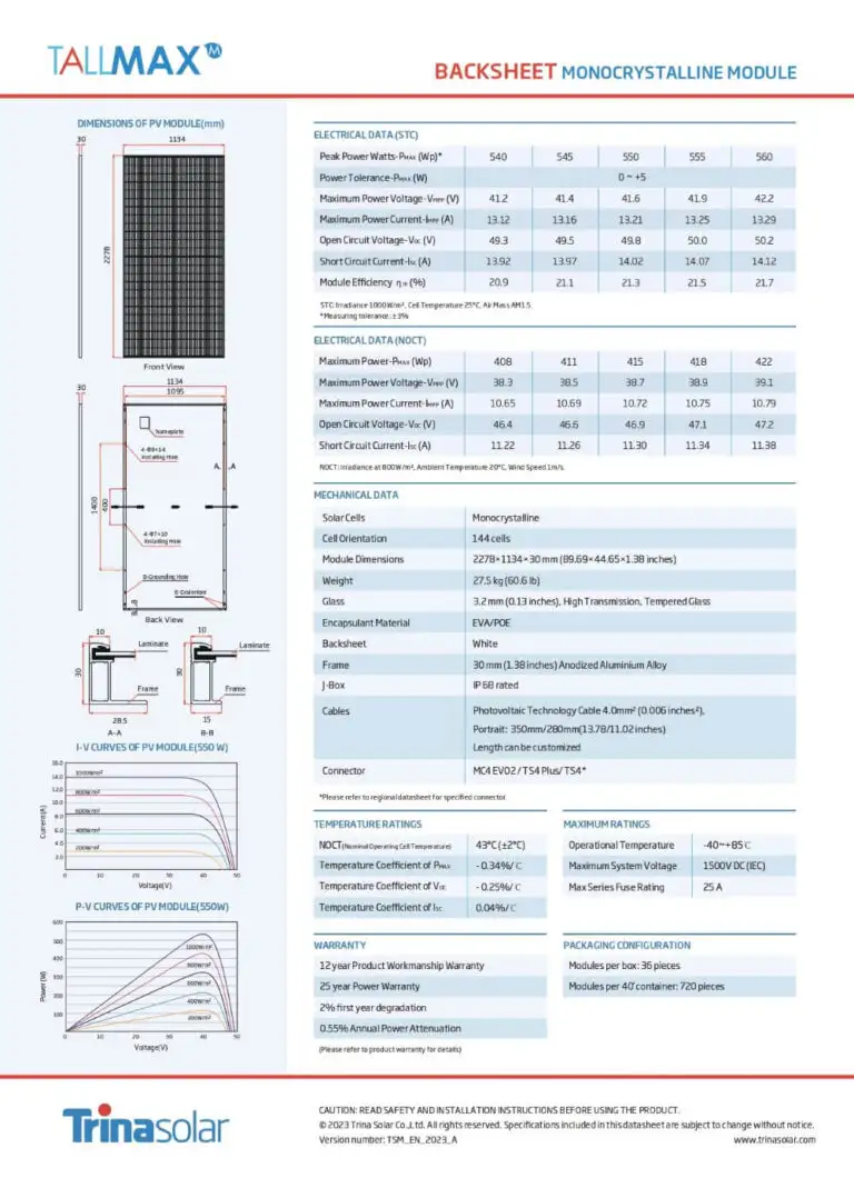 Tấm pin mặt trời Trina 555W 1826 Datasheet tấm pin năng lượng mặt trời Trina 555W