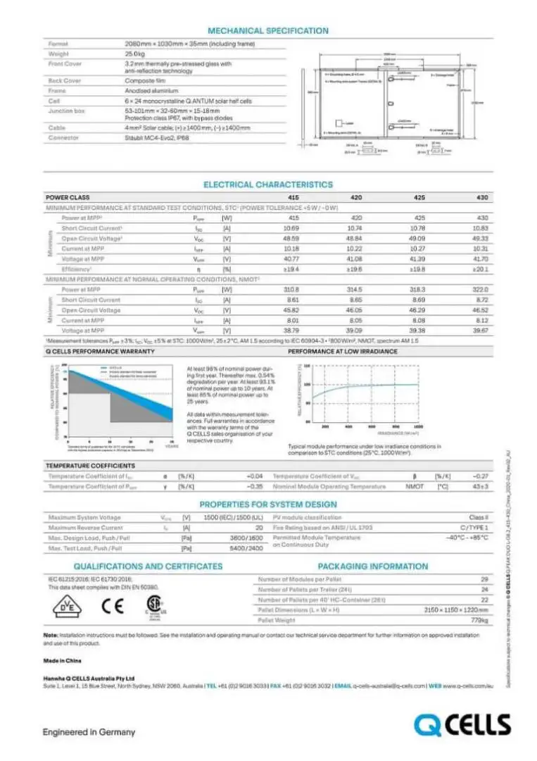 Tấm pin năng lượng mặt trời QCells Q.Peak Duo LG8.3 415 2048 Thông tin về sản phẩm QCells Mono Halfcell 415wp (Qcells 415)