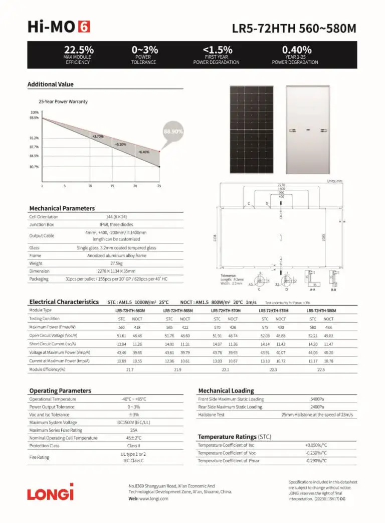 Tấm pin mặt trời LONGi 560W 1881 Datasheet pin mặt trời LONGi LR5 - 72HTH - 560M 560W