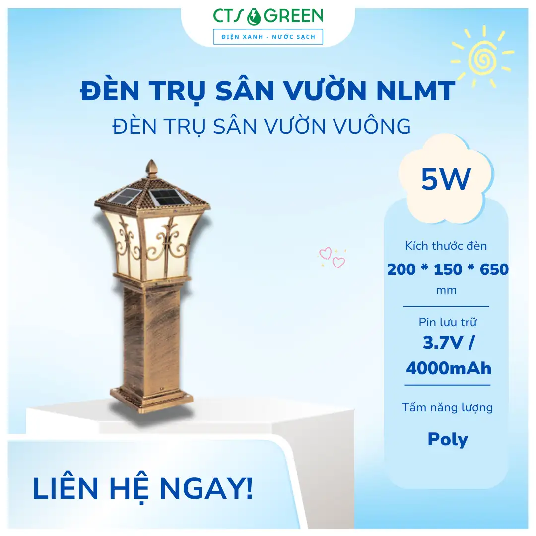 Đèn trụ sân vườn vuông năng lượng mặt trời TS20D