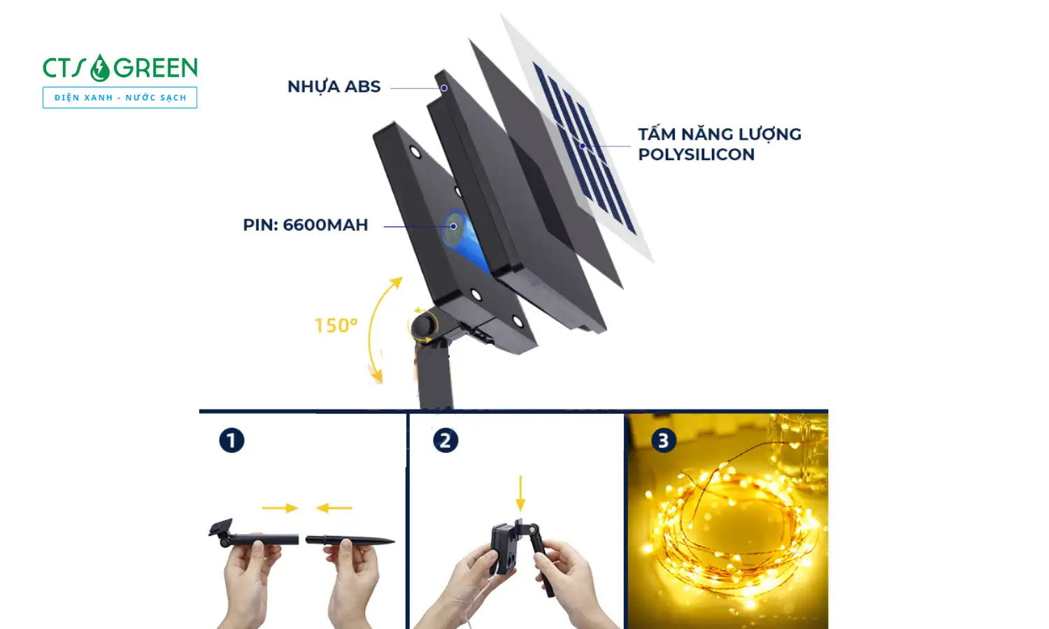 Đèn LED dây năng lượng mặt trời trang trí sân vườn 20M giá rẻ