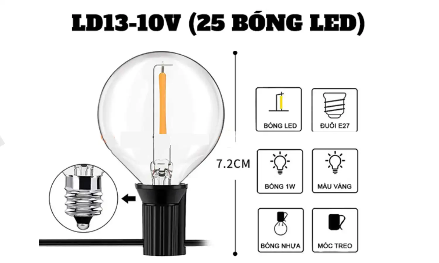 Dây đèn LED Edison 25 bóng tròn năng lượng mặt trời LD13 - 10V 6640 Dây đèn led Edison 25 bóng tròn năng lượng mặt trời LD13-10V