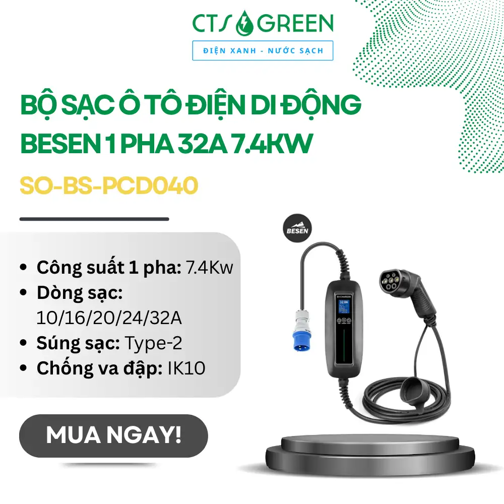 Bộ sạc ô tô điện di động BESEN 1 PHA 32A 7.4kW [SO-BS-PCD040]