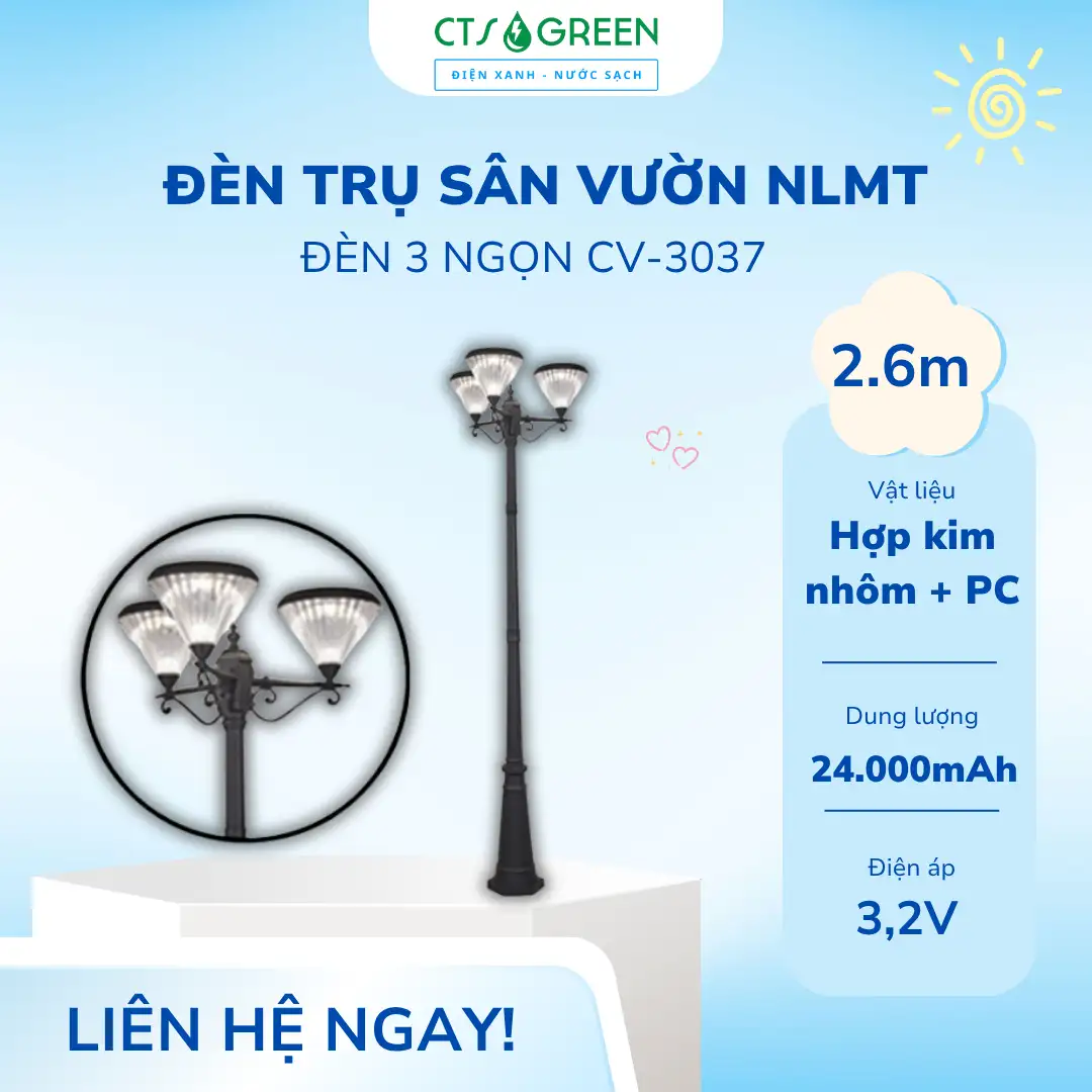 Đèn trụ công viên 3 ngọn CV - 3037 cao 2.6m, chụp đèn kim cương