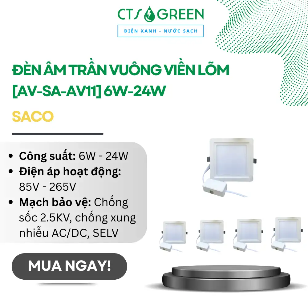 Đèn âm trần vuông viền lõm [AV-SA-AV11] 6W-24W | Saco
