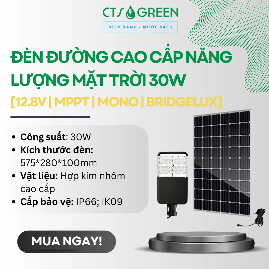 Đèn đường cao cấp năng lượng mặt trời 30W [12.8V | MPPT | Mono | Bridgelux]