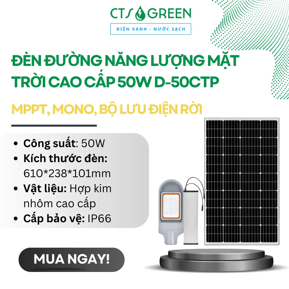 Đèn đường năng lượng mặt trời cao cấp 50W D-50CTP (MPPT, Mono, Bộ lưu điện rời)