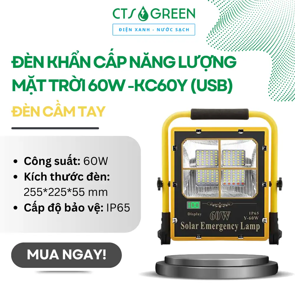 Cận cảnh đèn khẩn cấp năng lượng mặt trời 60W KC60Y thiết kế cầm tay nhỏ gọn với vỏ nhựa ABS chắc chắn, chuyên dụng cho chiếu sáng công trình.