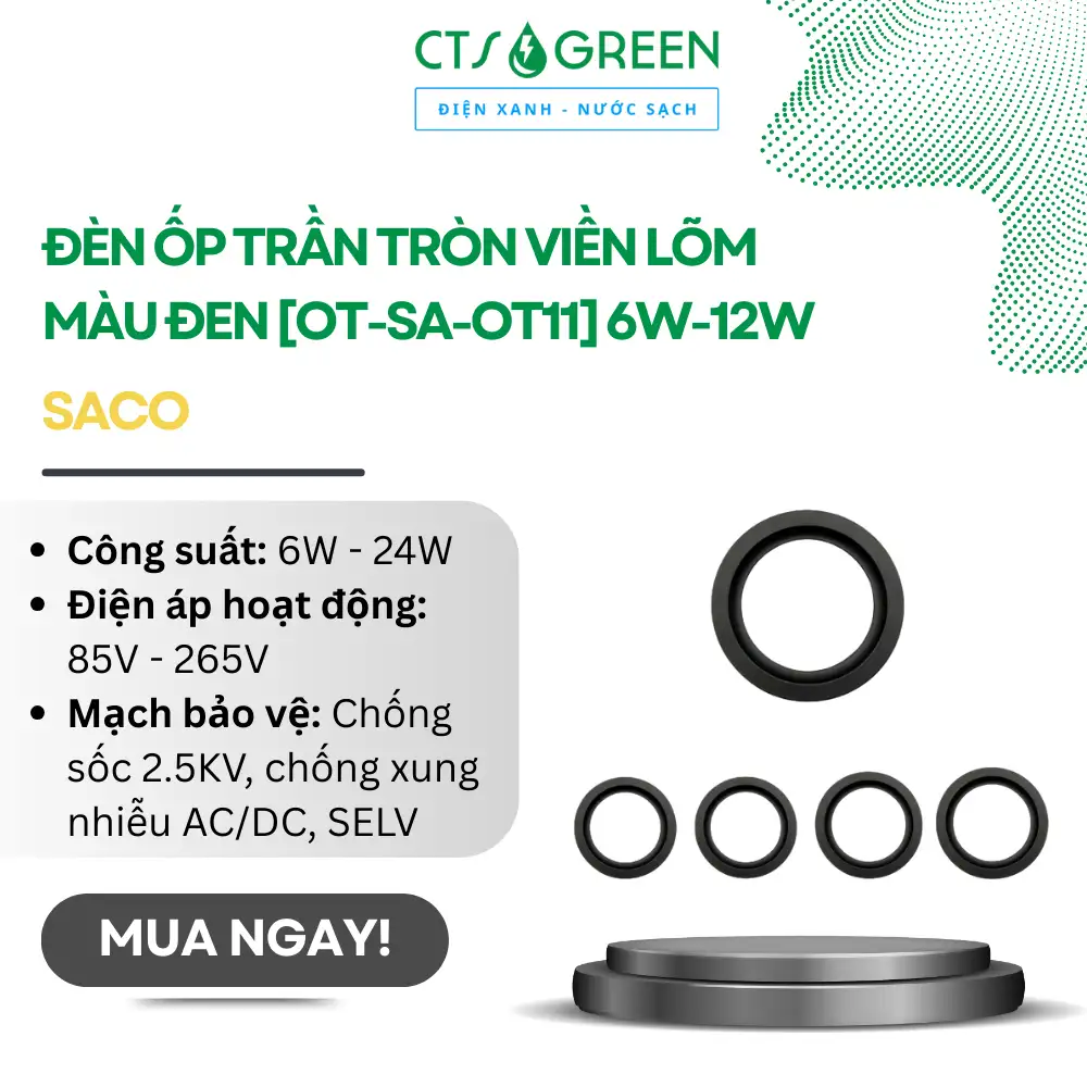 Đèn ốp trần tròn viền lõm màu đen [OT-SA-OT11] 6W-12W | Saco