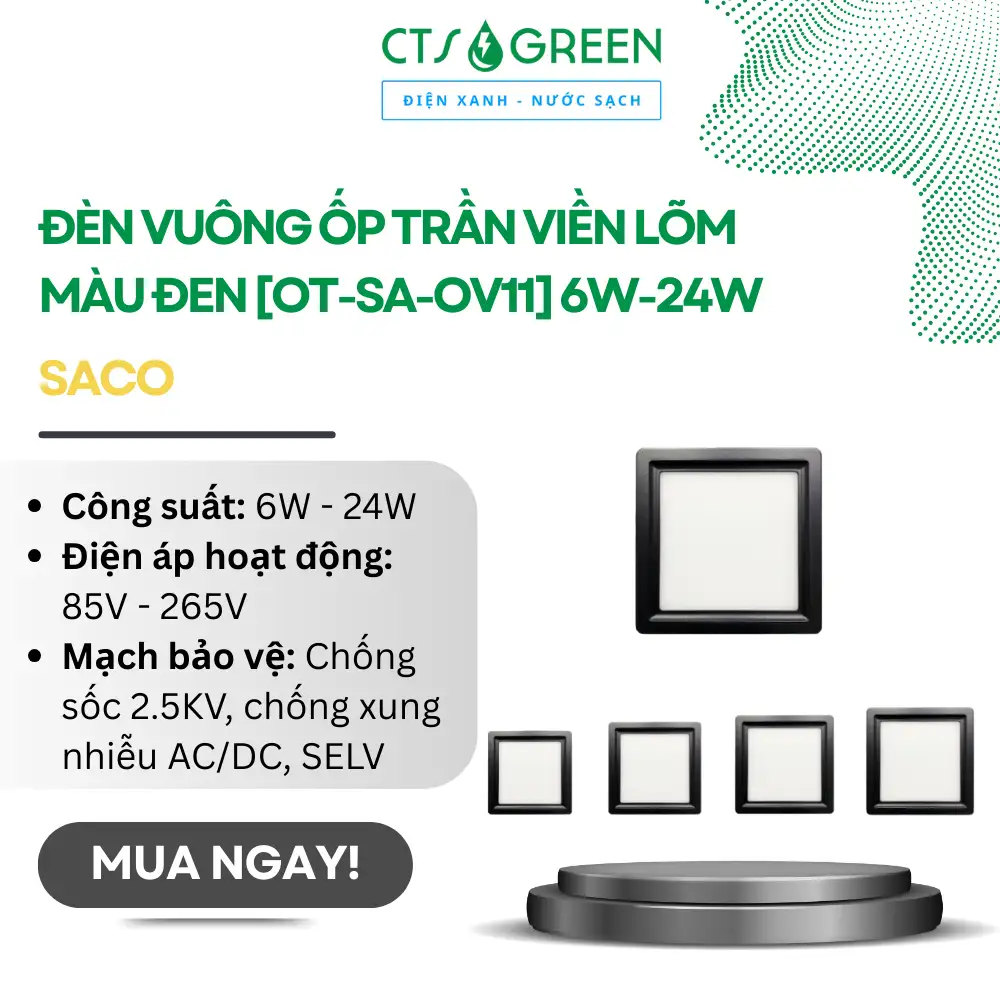 Đèn vuông ốp trần viền lõm màu đen [OT-SA-OV11] 6W-24W | Saco