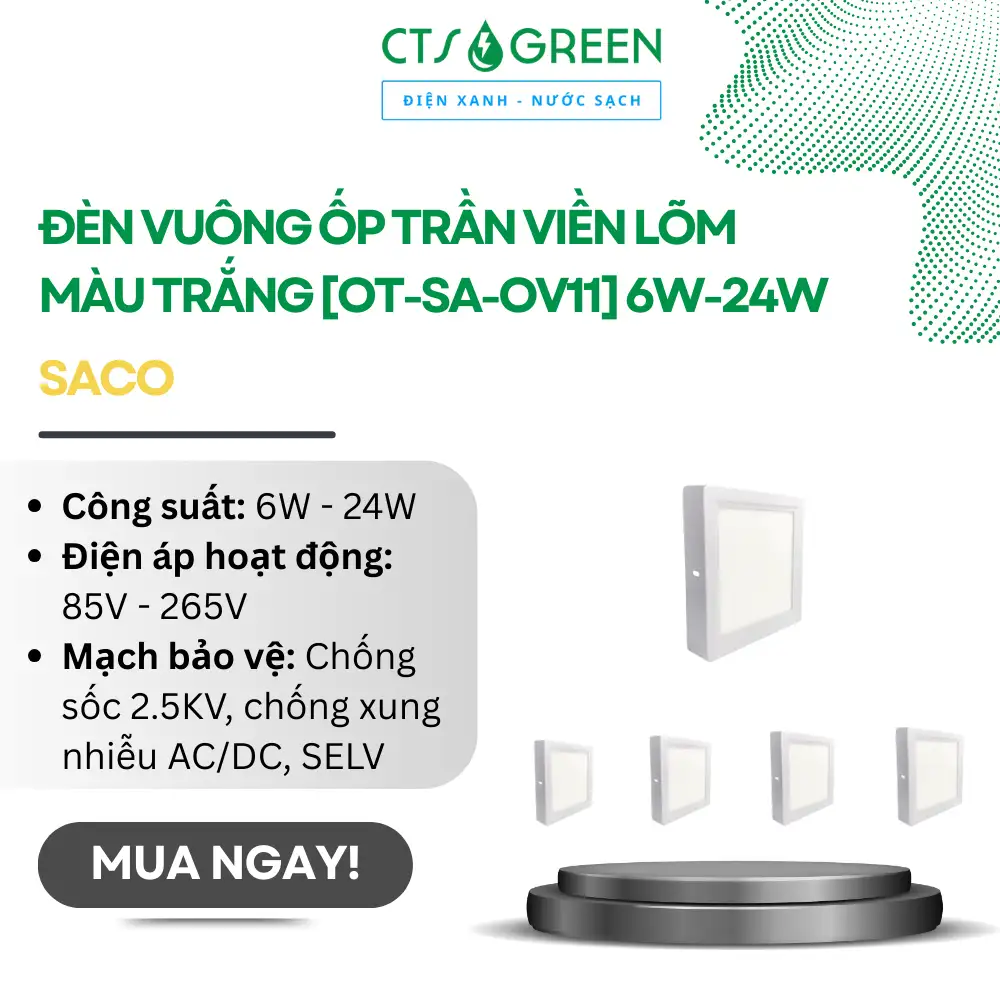 Đèn vuông ốp trần viền lõm màu trắng [OT-SA-OV11] 6W-24W