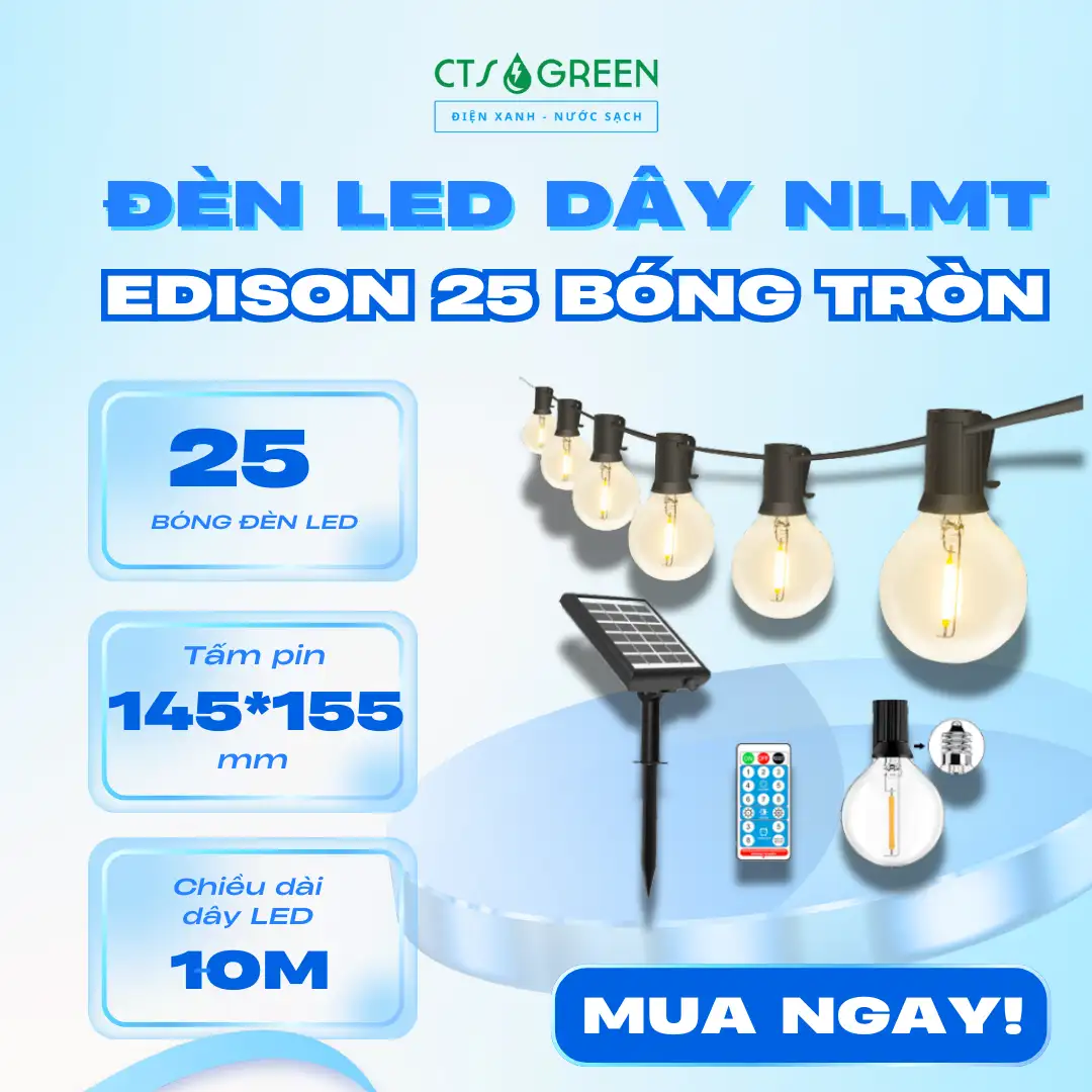Dây đèn LED Edison 25 bóng tròn năng lượng mặt trời LD13 - 10V