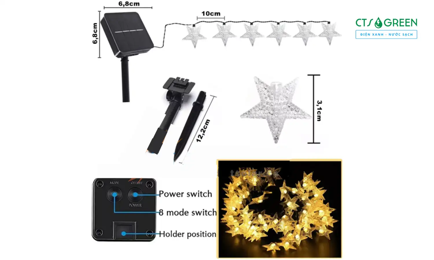 Dây đèn LED năng lượng mặt trời ngôi sao - 100 bóng [LD02]
