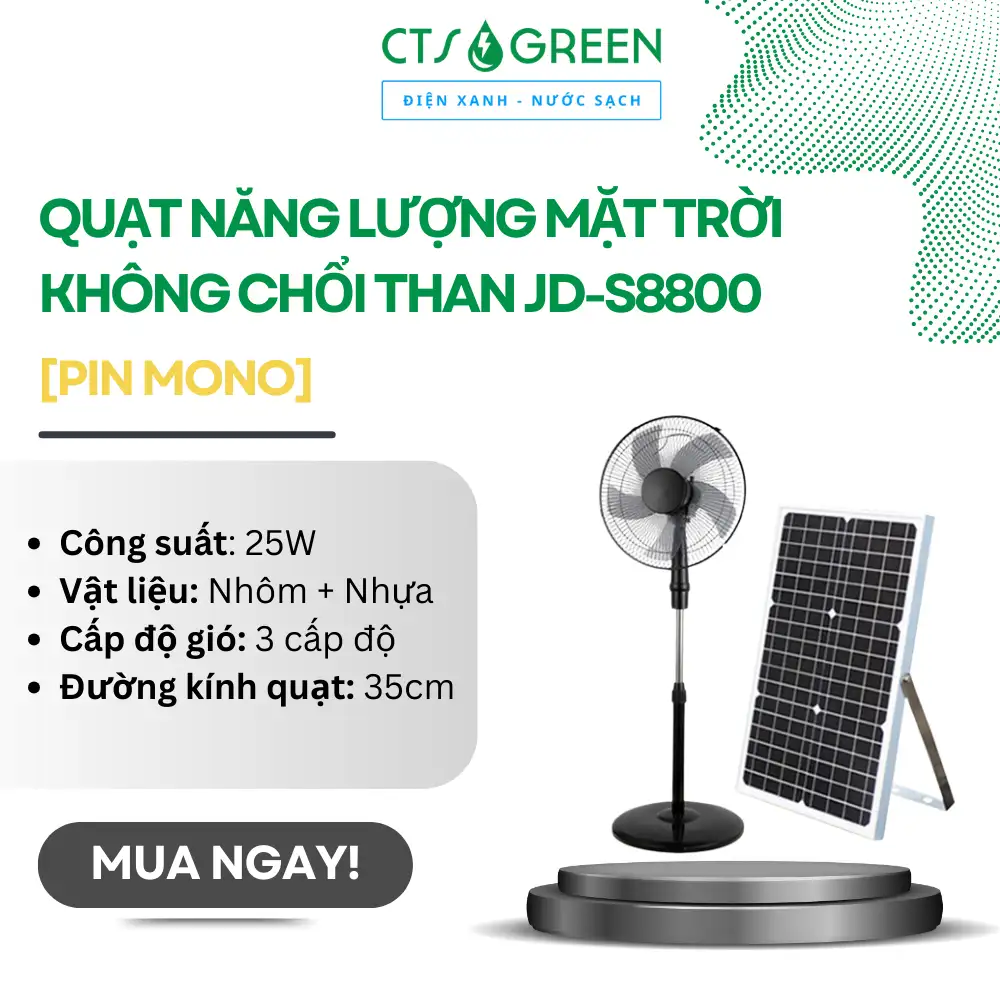 Quạt Năng Lượng Mặt Trời Không Chổi Than JD-S8800L | Pin MONO