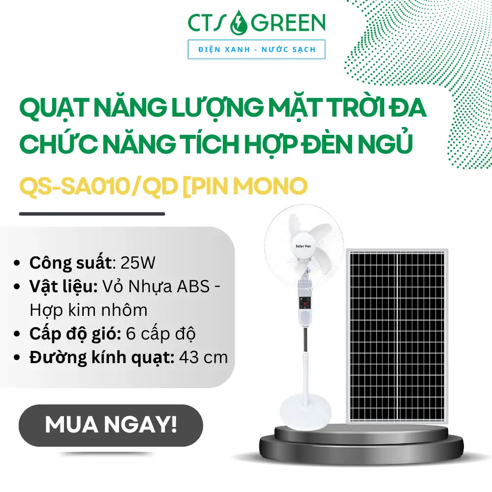 Quạt năng lượng mặt trời đa chức năng tích hợp đèn ngủ QS-SA010/QD [Pin Mono]