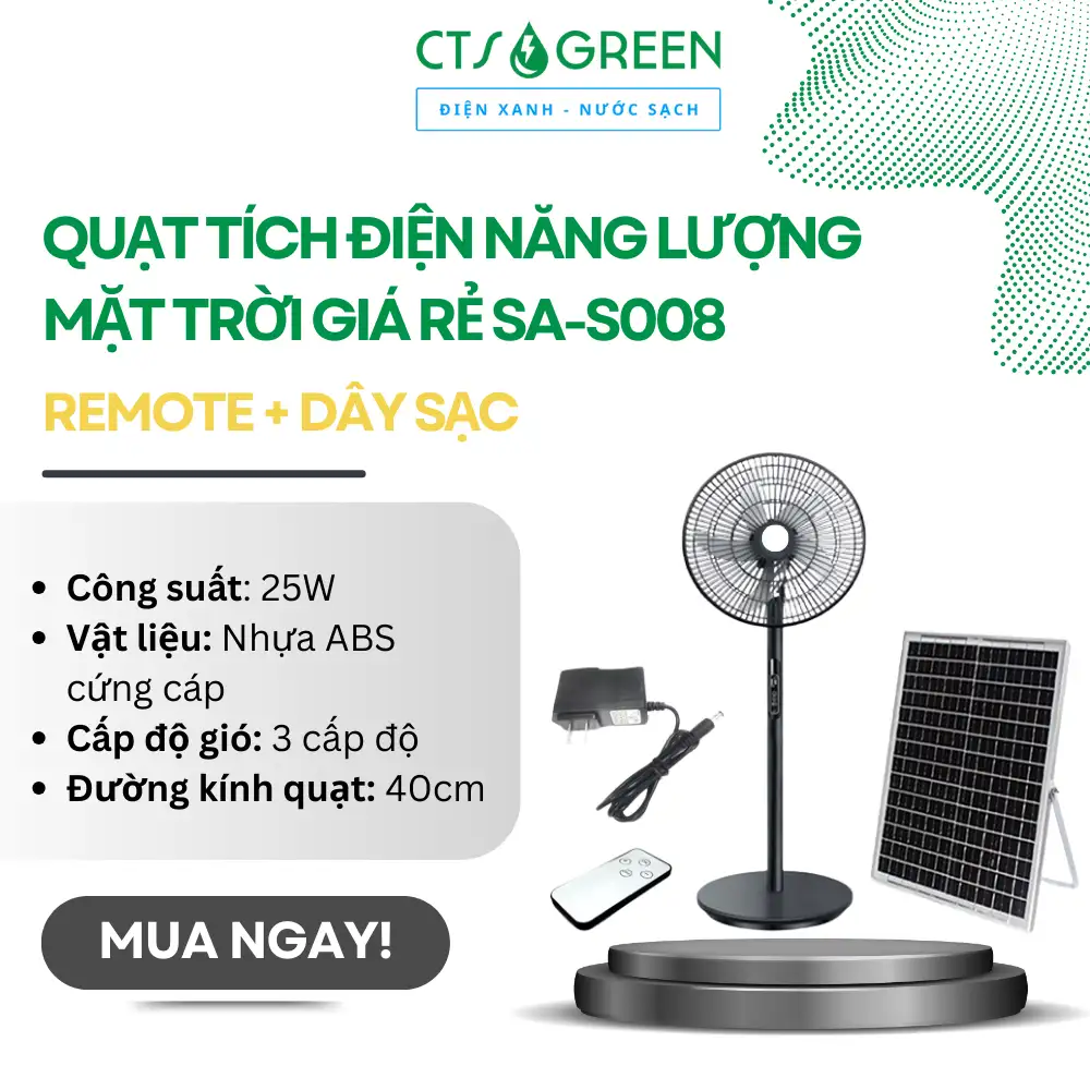 Quạt tích điện năng lượng mặt trời giá rẻ SA-S008 [Remote + Dây sạc]