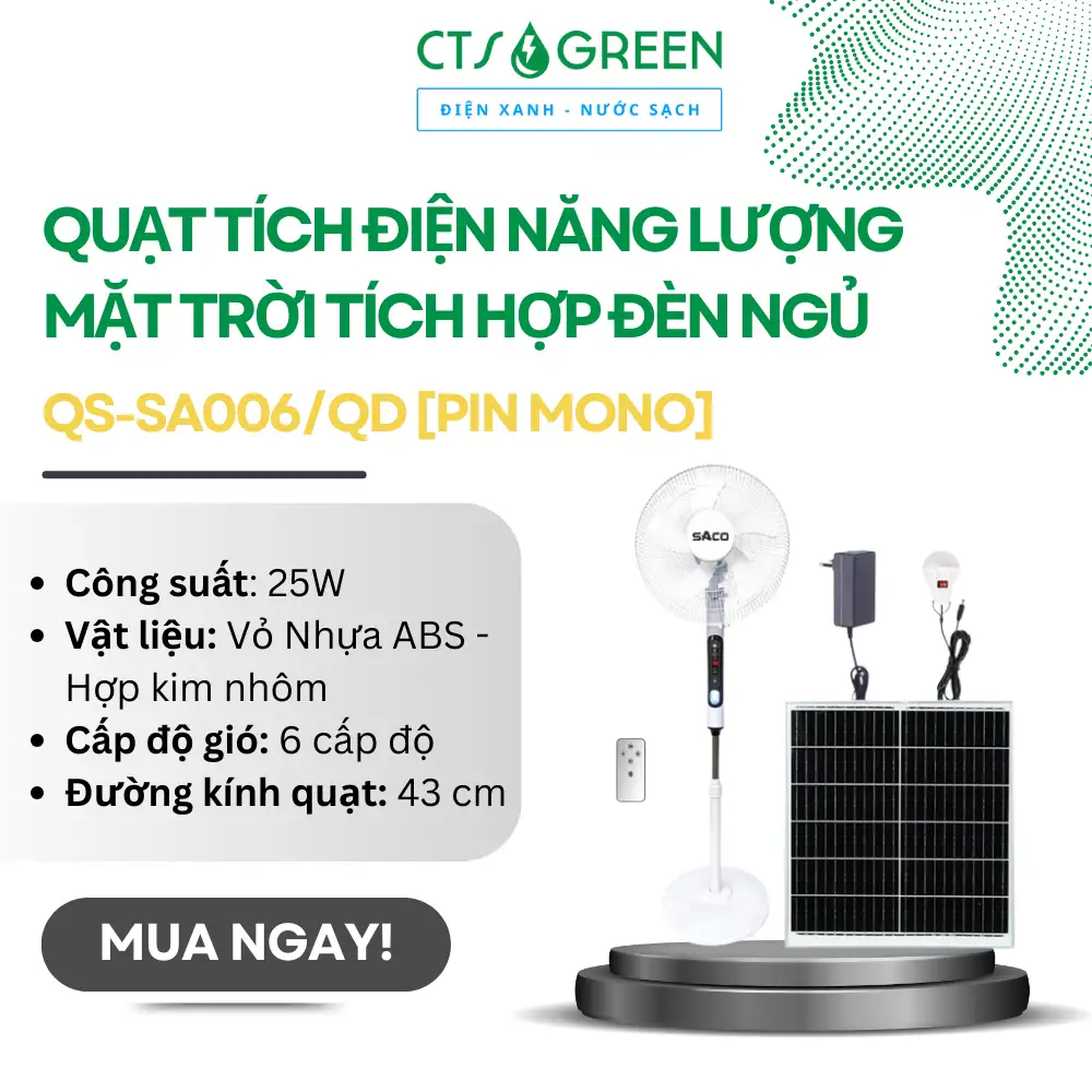 Quạt năng lượng mặt trời tích hợp đèn ngủ QS-SA006/QD [Pin Mono]