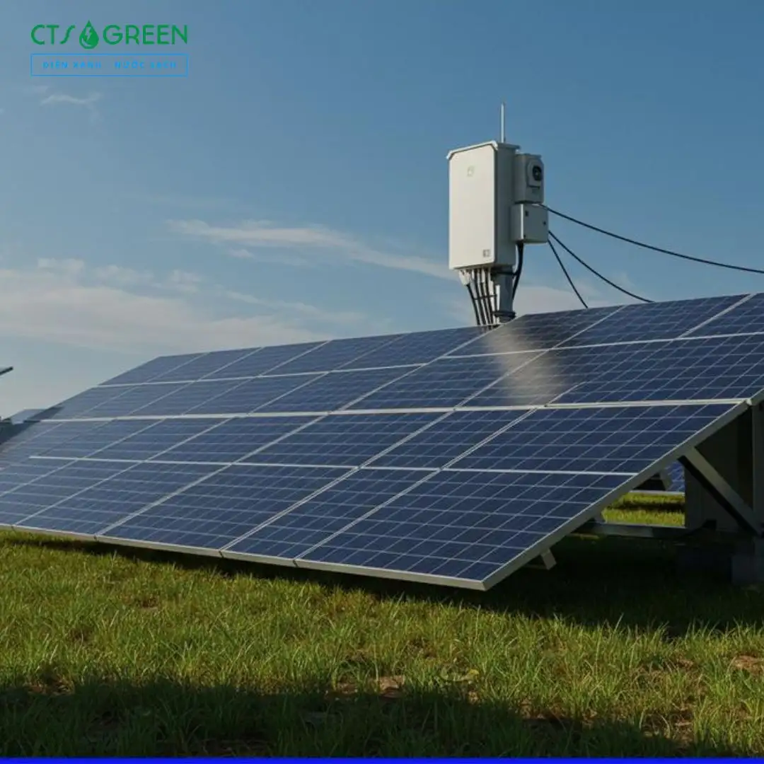 Hình ảnh thể hiện 1 dàn pin năng lượng mặt trời và kết hợp pin lưu trữ Lithium