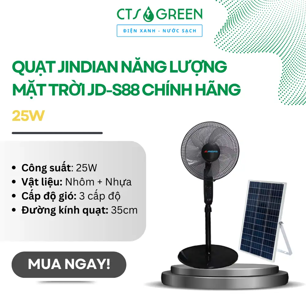 Banner quạt năng lượng mặt trời Jindian JD-S88 25W, vật liệu nhôm + nhựa, cánh 35 cm, 3 cấp độ gió.