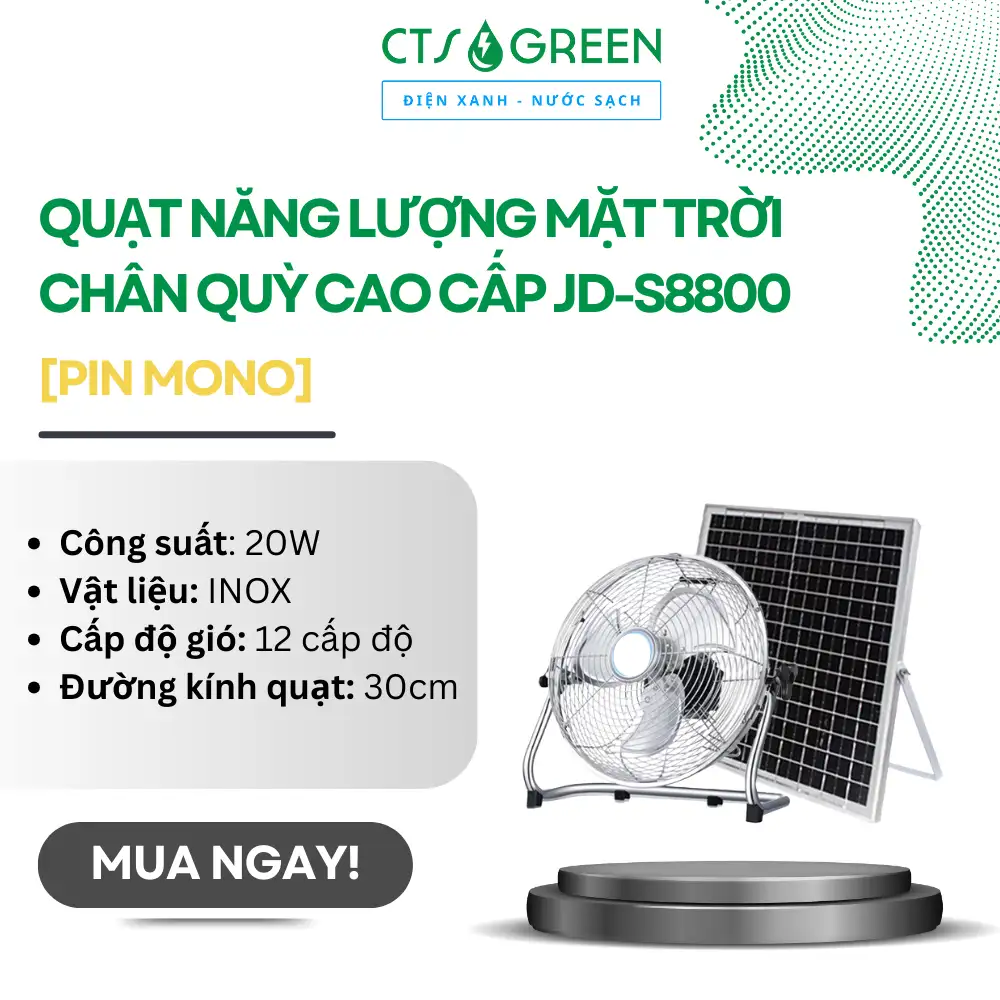 Quạt năng lượng mặt trời chân quỳ JD-S8800 20W, inox, đường kính 30cm, kèm sạc 220V.